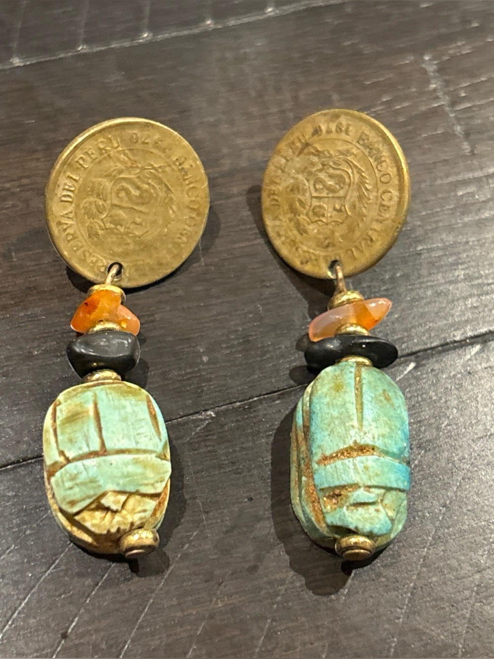 Vintage Scarab Dangle Earrings Green Etched Beaded Peruvian Coin Pierced